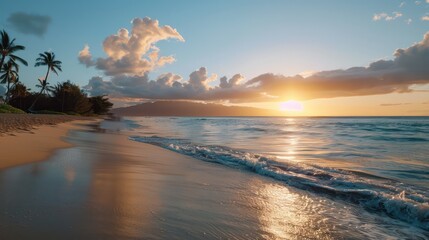 Wall Mural - A beautiful beach with a sunset in the background. The sky is cloudy and the sun is setting