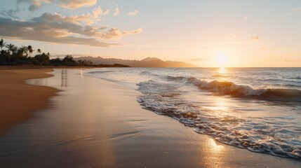 Aufkleber - The beach is empty and the sun is setting. The water is calm and the sky is a beautiful orange color