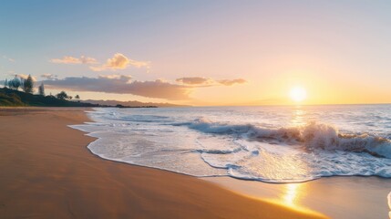 Aufkleber - The beach is empty and the sun is setting. The sky is a beautiful mix of orange and pink hues