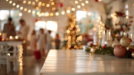 Poster - A Christmas party with people and a Christmas tree. The room is decorated with lights and there are many people gathered around the table