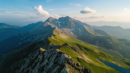 Poster - The mountains are covered in green grass and snow. The sky is clear and blue. The mountains are very tall and majestic