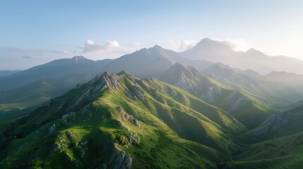 Aufkleber - The mountains are covered in lush green grass and rocky terrain. The sky is clear and blue, with a few clouds scattered throughout. The scene is peaceful and serene