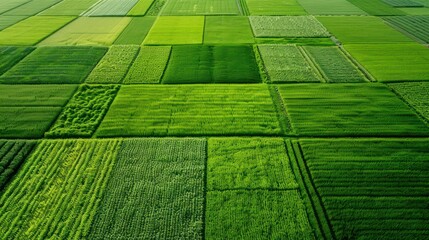 Poster - A large field of green grass with a checkerboard pattern. The field is full of grass and he is a farm