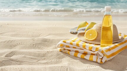 Fototapete - A beach scene with a yellow towel, a bottle of sunscreen, a bottle of lotion, a bottle of water, a bottle of orange juice, a bottle of lemonade, a bottle of sunscreen, a bottle of lotion, a bottle of