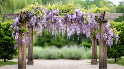 Poster - A wooden archway with purple vines hanging from it. The archway is surrounded by bushes and flowers