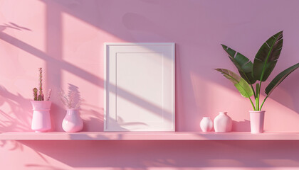 Wall Mural - Shelf with empty vertical frame mock up pink wall