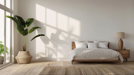 Poster - A bedroom with a white bed and a large plant in a basket. The room is very clean and has a minimalist design