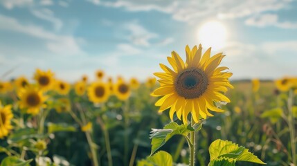 Poster - A single yellow sunflower in a field of yellow flowers. The sunflower is the only one in the field that is not fully yellow