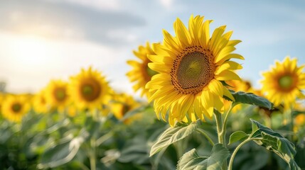 Poster - A field of sunflowers with a single sunflower in the foreground. The sunflower is the center of attention and the rest of the flowers are in the background