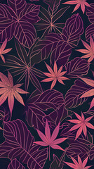 Poster - Captivating tropical design with pink palm and monstera leaves seamlessly patterned on a dark background