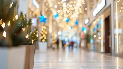 Poster - A Christmas tree is lit up in a mall. The lights are twinkling and the tree is surrounded by a white box. There are people walking around the mall, some of them carrying shopping bags