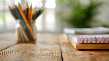 Aufkleber - A jar of pencils sits on a wooden table next to a spiral notebook. Concept of organization and productivity, as the pencils and notebook are essential tools for writing and drawing