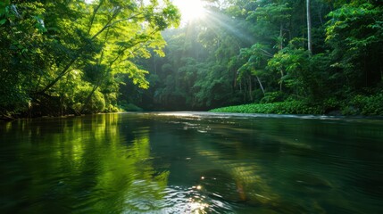 Aufkleber - A river with a lot of trees and sunlight reflecting on the water