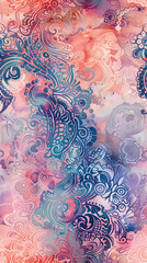 Aufkleber - Elegant and intricate design showcasing a seamless pattern of swirling shapes and floral motifs in shades of pink, purple, and blue