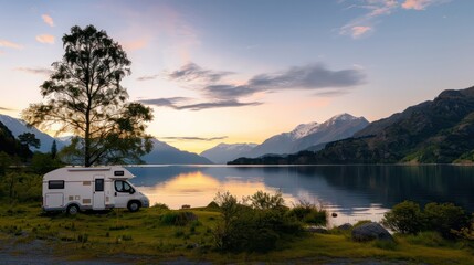 Aufkleber - A white camper van is parked by a lake at sunset. The scene is peaceful and serene, with the water reflecting the colors of the sky. The mountains in the background add to the sense of tranquility