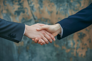 Business handshake of two people in suits, agreement, partnership, deal, close-up, cooperation, professional attire, concrete background, business concept