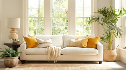 Aufkleber - A white couch with yellow pillows and a yellow blanket on it. A potted plant is in the corner of the room