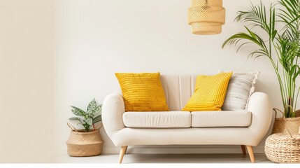 Aufkleber - A white couch with yellow pillows and a yellow lampshade. The couch is surrounded by potted plants and baskets