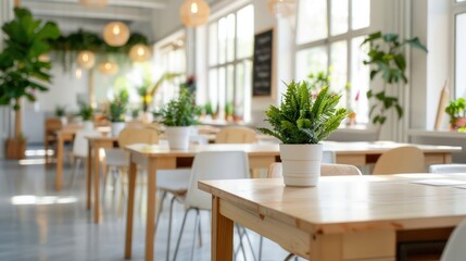 Poster - A restaurant with tables and chairs and potted plants