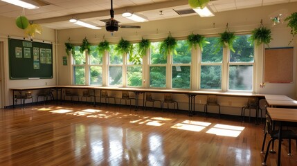 Aufkleber - A classroom with a green board on the wall and a fan in the ceiling. There are many chairs and desks in the room