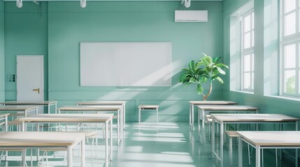 Poster - A classroom with a white board and a potted plant. The room is empty and the walls are painted green