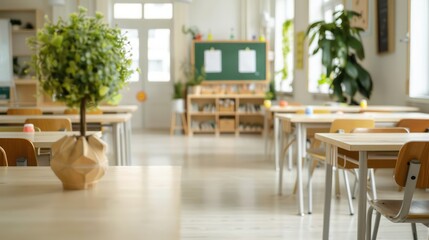 Poster - A classroom with a green plant on a table and a green board on the wall. The room is empty and has a clean, organized look