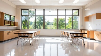 Poster - A large room with a lot of tables and chairs. The room is very clean and bright
