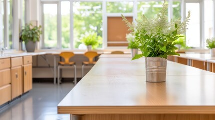 Poster - A table with a potted plant on it in a room with a lot of windows. The room is bright and airy, with a lot of natural light coming in from the windows. The potted plant adds a touch of greenery