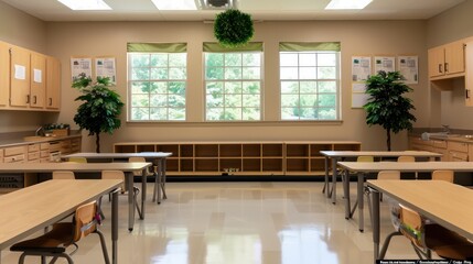 Poster - A classroom with a lot of windows and a green plant. The room is empty and has a clean, organized look