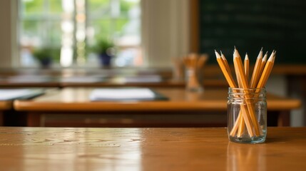 Aufkleber - A jar of pencils sits on a desk in a classroom. The pencils are yellow and are arranged in a neat row. Concept of organization and preparedness for learning