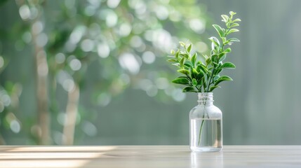 Aufkleber - A vase with a plant in it sits on a wooden table. The vase is clear and filled with water, and the plant is green and healthy. Concept of calm and tranquility, as the plant