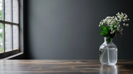 Poster - A vase of flowers sits on a wooden table in front of a window. The vase is filled with water and the flowers are white. The scene is simple and peaceful