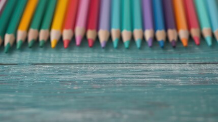 Aufkleber - A row of colorful pencils on a wooden surface. The pencils are arranged in a rainbow pattern, with the green pencils in the middle and the red pencils on the left and right sides