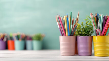 Aufkleber - A table with a bunch of pencils in different colors and sizes. The pencils are in three different colored cups