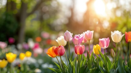 Poster - A field of flowers with a bright sun shining on them. The flowers are of various colors, including pink, yellow, and orange. Concept of warmth and happiness