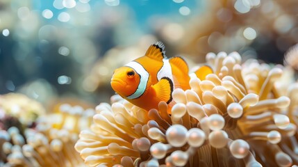 Wall Mural - A small orange and white fish is swimming in a sea of white coral. The fish is surrounded by many small white pearls, which give the coral a beautiful and serene appearance. The scene is peaceful