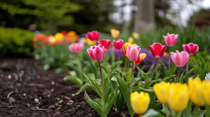 Poster - A garden with a variety of flowers including pink and yellow tulips. The flowers are in full bloom and are arranged in a neat row. The garden is surrounded by a brick path