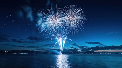 Poster - A beautiful night sky with fireworks in the air. The fireworks are lit up in the dark sky and are scattered across the water. The scene is peaceful and serene
