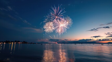 Poster - A beautiful night sky with fireworks in the air. The scene is peaceful and serene, with the fireworks adding a touch of excitement to the atmosphere