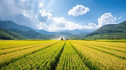 Poster - A field of yellow rice with a small house in the distance. The sky is clear and bright, and the sun is shining down on the field