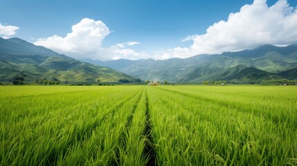 Poster - A field of green rice with a clear blue sky in the background. The sky is dotted with clouds, giving the scene a peaceful and serene atmosphere