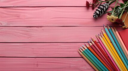 Aufkleber - A pink background with a bunch of colorful pencils and a pine cone. The pencils are arranged in a row and the pine cone is placed in the middle of the scene. Concept of creativity and inspiration