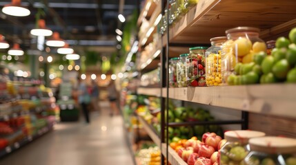 Poster - A grocery store with aisles full of produce and jars. Scene is bright and cheerful, with the abundance of fresh fruits and vegetables on display