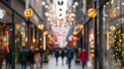 Poster - A busy city street with people walking and a Christmas tree decoration. The scene is blurry, giving it a dreamy, festive atmosphere