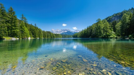 Poster - A beautiful lake with mountains in the background. The water is clear and calm. The sky is blue and there are no clouds. The scene is peaceful and serene