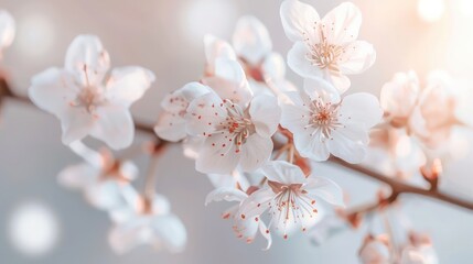 Poster - A close up of a branch with white flowers. The flowers are in full bloom and the branch is thin. The image has a serene and peaceful mood, as the flowers are delicate and beautiful