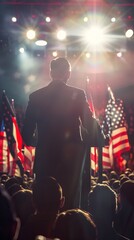 Wall Mural - A politician addressing a crowd at a rally with bright stage lights and American flags, symbolizing leadership, politics, and public engagement. Ideal for political campaigns and civic events.