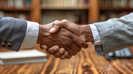 Wall Mural - phone photo of lawyer shaking hands with clients, in a cozy office 