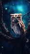 © imagineRbc - A small owl sits quietly on a branch, illuminated by enchanting lights in a dark nighttime environment