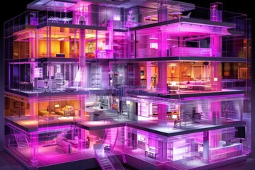 Canvas Print - Vibrant futuristic house with neon purple lighting showcasing modern design and dynamic architectural elements